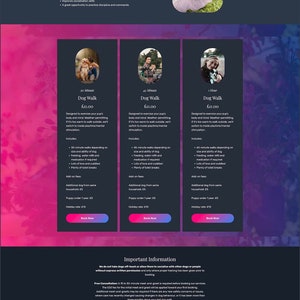 May include: Website for The Pet People, a dog walking service. The website features a pink and blue color scheme with images of dogs and their walkers. The website offers three different dog walking packages: 30 minutes, 45 minutes, and 60 minutes. Each package includes feeding, water refills, medication if needed, lots of love and cuddles, and plenty of toilet breaks. The website also includes a section for frequently asked questions.