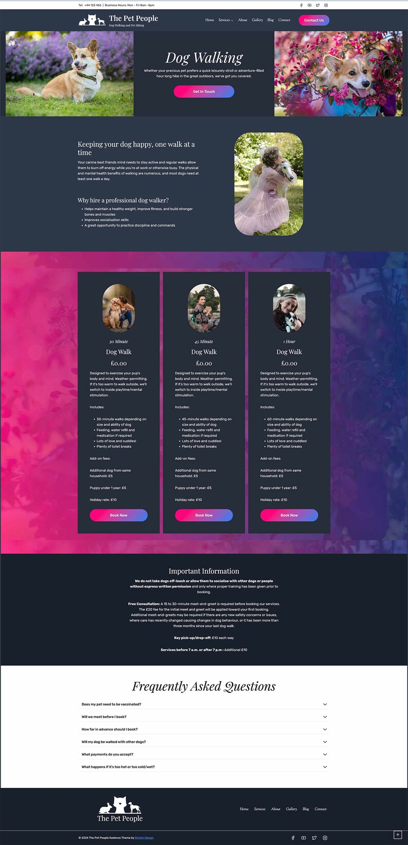 May include: Website for The Pet People, a dog walking service. The website features a pink and blue color scheme with images of dogs and their walkers. The website offers three different dog walking packages: 30 minutes, 45 minutes, and 60 minutes. Each package includes feeding, water refills, medication if needed, lots of love and cuddles, and plenty of toilet breaks. The website also includes a section for frequently asked questions.