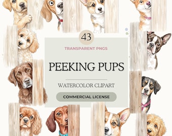 Peeking Dogs Clipart Bundle Watercolor PNG, 300dpi, Cute Dogs, Dog lovers, Commercial Use, POD, Invitations, Pet lovers