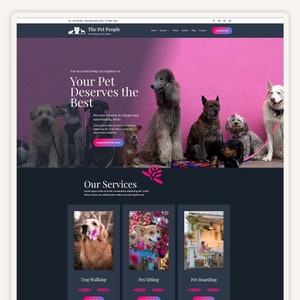 May include: Website homepage for The Pet People, a pet care service in Cheam. The website features a pink background with a group of dogs, and a section highlighting their services: Dog Walking, Pet Sitting, and Pet Boarding.