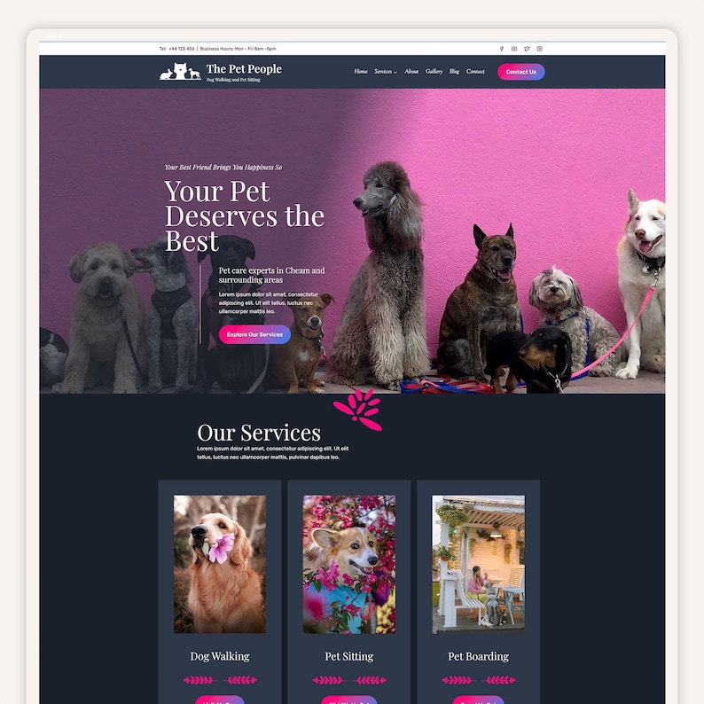 May include: Website homepage for The Pet People, a pet care service in Cheam. The website features a pink background with a group of dogs, and a section highlighting their services: Dog Walking, Pet Sitting, and Pet Boarding.
