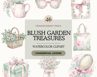 Romantic Watercolor Floral Clipart Bundle, Soft Pink & Green Botanical Objects, Feminine PNG Elements for Invitations, Stickers and Branding