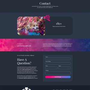 May include: A website homepage for a pet care business called "The Pet People". The website features a contact form with fields for name, email address, phone number, message, and subject. The website also features a pink and purple watercolor background with a photo of a corgi dog in a flower bed.