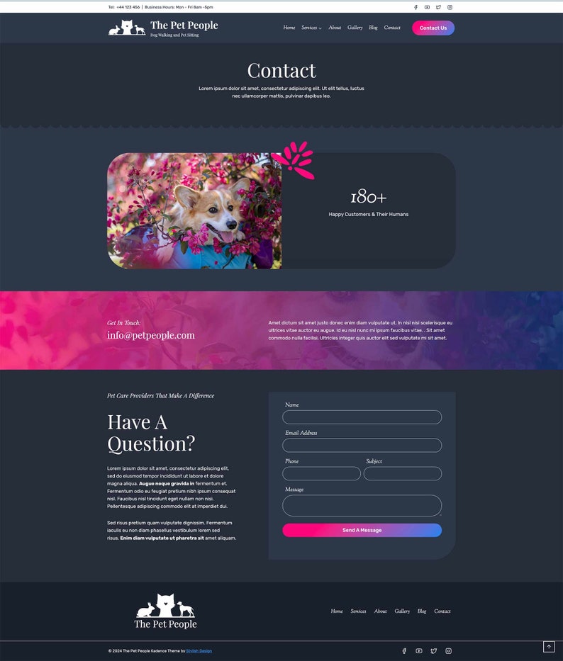 May include: A website homepage for a pet care business called "The Pet People". The website features a contact form with fields for name, email address, phone number, message, and subject. The website also features a pink and purple watercolor background with a photo of a corgi dog in a flower bed.