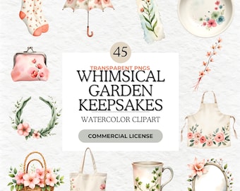 Whimsical Botanical Watercolor Clipart Set, Soft Feminine Garden Objects, Pastel Floral PNG Bundle, Planner Stickers, Scrapbook Elements