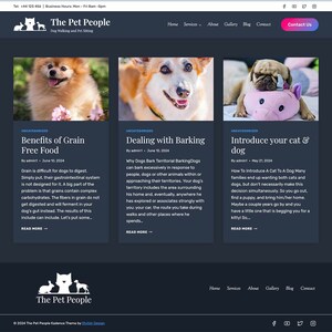 May include: Website homepage for The Pet People, a dog walking and pet sitting service. The website features three articles about grain-free food, dealing with barking, and introducing a cat and dog. Each article has a photo of a dog and a brief description.