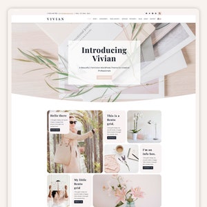 May include: A website homepage for a creative professional featuring a light pink and white color scheme with a floral design. The website is called "Vivian" and the text "Introducing Vivian" is displayed in a large font. The website features a grid of images with text overlays. The text overlays include "Hello there", "This is a Bento grid", "My little Bento grid", and "I'm an info box".