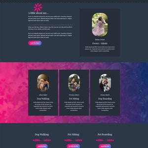 May include: Website homepage for a pet care business called The Pet People. The website features a dark blue background with pink and purple watercolor accents. The website offers dog walking, pet sitting, and dog boarding services. The website also features a photo of the owner and a team of employees.