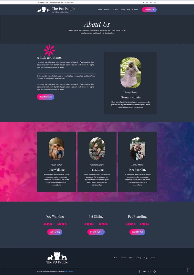 May include: Website homepage for a pet care business called The Pet People. The website features a dark blue background with pink and purple watercolor accents. The website offers dog walking, pet sitting, and dog boarding services. The website also features a photo of the owner and a team of employees.