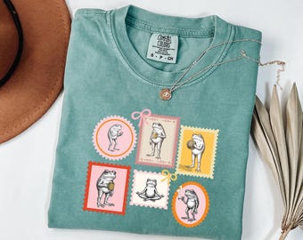 Vintage Stamp Frog Illustrations T-Shirt | Cute Amphibian Art, Retro Frog Toad Lover Tee, Animal lover shirt, Funny Frog Tee, Unisex Gift