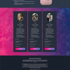 May include: Website for a pet boarding service called The Pet People. The website features images of dogs and cats, and offers different boarding packages for various lengths of stay. The website also includes a section with frequently asked questions.