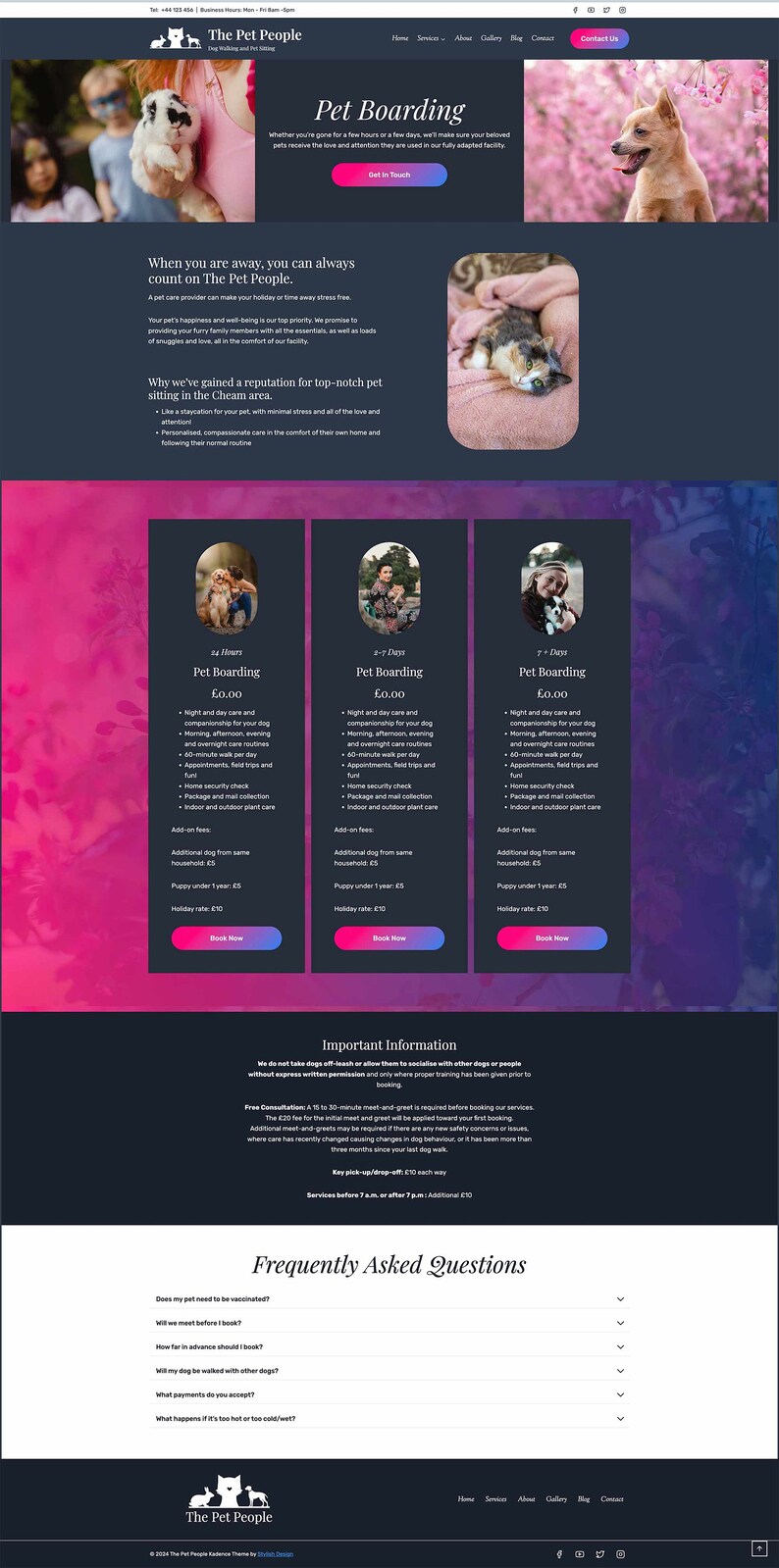 May include: Website for a pet boarding service called The Pet People. The website features images of dogs and cats, and offers different boarding packages for various lengths of stay. The website also includes a section with frequently asked questions.