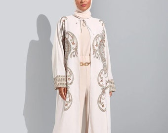 Open abaya met vetersluiting en Anatolisch patroon, lange bescheiden islamitische moslimabaya voor dames, dagelijks casual moslim crèmekleur Ramadan Kaftan