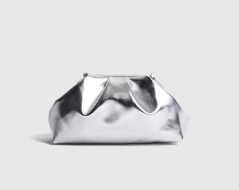 Zilveren dames metallic kunstleer clutch, zilveren avondjurk mini-tas, laklederen mini-clutch met ketting, mini-festivalfeesttas
