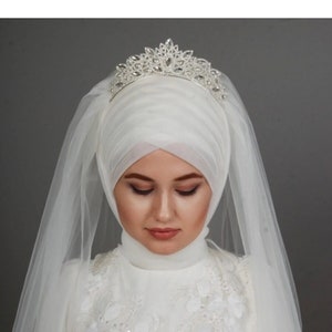 Front 7 Draped Bridal Hijab Veil, Ready to Wear Turban, Ecru Ready to Wear Hijab, Muslim Wedding Hijab, Muslim Islamic Tulle Veil for Brides
