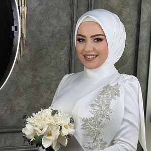 Bruids grote Lycra Jersey sjaal hijab tulband, ivoor en witte kleuropties hijab, bruidssjaal voor moslim bruid, bescheiden eenvoudige bruids tulband afbeelding 5