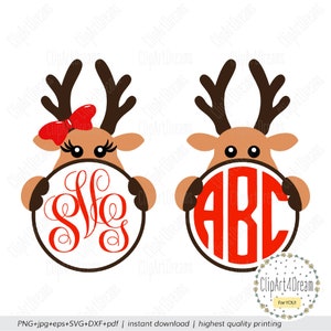 Rentier Monogramm SVG, RentierKopf Weihnachten Monogramm Rahmen svg für Mädchen Junge mit Geweih Schleife Schnittdatei für Cricut Silhouette png DXF PDF