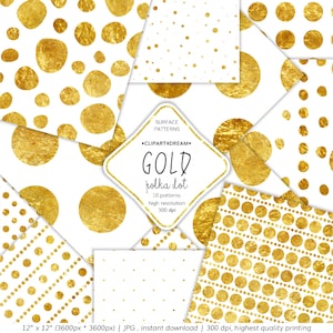 Gold Papier Pack Goldfolie und Weiß Polka Dot Seamless Pattern Digitaler Hintergrund Oberflächenmuster Planer Sticker Stoffdesign