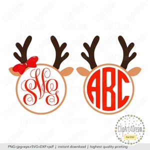 Rudolph Monogramm SVG, Rentier Monogramm für Junge Mädchen mit Geweih Schleife Rahmen SVG Schnittdatei für Cricut Silhouette DXF PDF