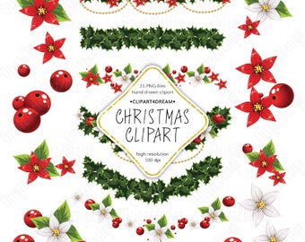 Christmas clipart, Christmas flowers Printable clipart for scrapbooking floral design elements PNG digital instant download