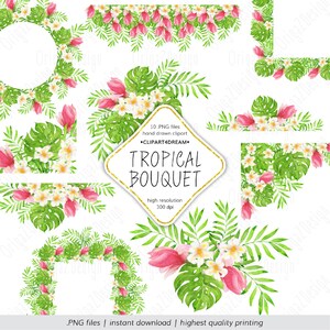 Tropical bouquet Clipart Watercolor Floral border clip art Exotic Flowers Summer wedding invitation Flower frames png