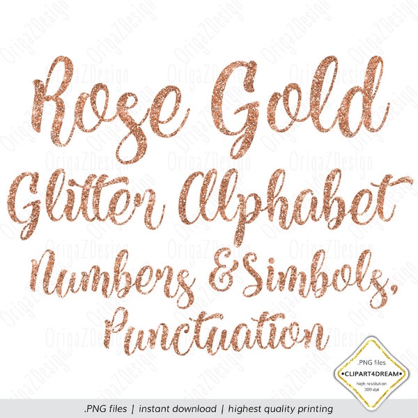 Rose Gold Glitter Alphabet, Glitter letters, Rose Gold Glitter sparkle alphabet Clipart Numbers Planner stickers clip art PNG