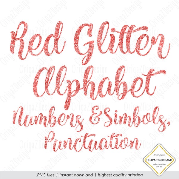 Red Glitter Alphabet, Red Glitter Christmas letters sparkle Alphabet Clipart Numbers Digital Planner stickers clipart PNG