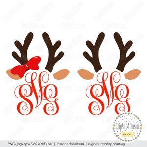 Rentier Geweih Monogramm SVG, Weihnachten Monogramm Rahmen Rudolph Geweih Junge Mädchen svg Schnittdatei für Cricut Silhouette png DXF PDF