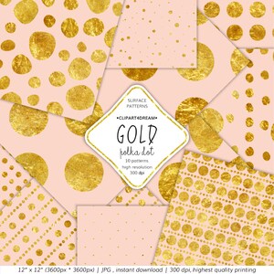 Könnte beinhalten: Zehn digitale Papiermuster mit goldenen Punkten auf hellrosa Hintergrund. Die Muster umfassen verschiedene Größen und Anordnungen von Punkten.