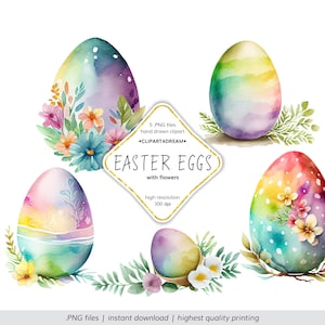 Easter Eggs Floral Clipart, Watercolor Easter egg with flowers clip art PNG