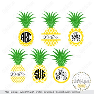 Puede incluir: Seis diseños de piña con diferentes monogramas y nombres. Las piñas son amarillas con la parte superior verde y un patrón blanco y amarillo. Los monogramas están en negro y los nombres están en cursiva negra.
