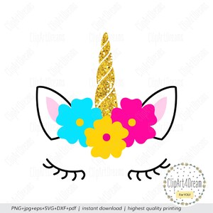 Unicorn with Flowers SVG, Unicorn Face SVG clipart sublimation PNG birthday party Cutting files for Silhouette Cameo Cricut dxf png pdf
