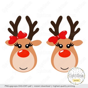 Rendier SVG, Rendier hoofd met Strik Svg Face Girl Gewei met rode neus Kerst Rudolph Santa gesneden bestanden voor Cricut Silhouet DXF PDF