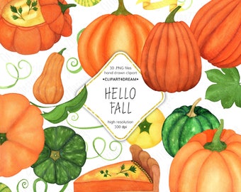 Fall Clipart, Thanksgiving Pumpkins Cozy Autumn Seasonal Farmhouse Clipart Watercolor Pumpkin Spice Pie Graphics Clip Art png