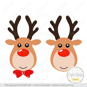 Rendier SVG, Rendier hoofd Svg Gezicht Jongen Gewei met Rode neus Kerst Rudolph Santa gesneden bestanden voor Cricut Silhouet DXF PDF