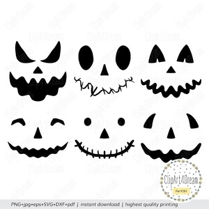 Könnte beinhalten: Sechs schwarze und weiße Halloween-Kürbisgesichtsdesigns. Die Designs beinhalten ein gruseliges Gesicht, einen genähten Mund, ein traditionelles Kürbisgesicht, ein lächelndes Gesicht, einen genähten Mund und ein grinsendes Gesicht.