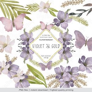 Aquarell Blume Clipart, Violett Gold Aquarell Blume und Schmetterling Lila Handgemalte Grafiken PNG Blumen Clip Art Set