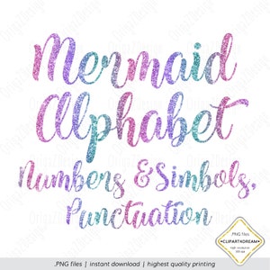 Mermaid Glitter Alfabeto, Letras brillantes Glitter números de sirena para cumpleañera niño clip art Planificador pegatinas PNG