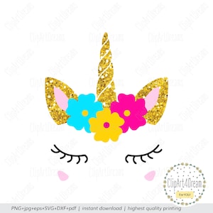 Unicorn Face SVG, Unicorn Face with flowers birthday party sublimation clipart SVG Cutting files for Silhouette Cameo Cricut dxf png pdf