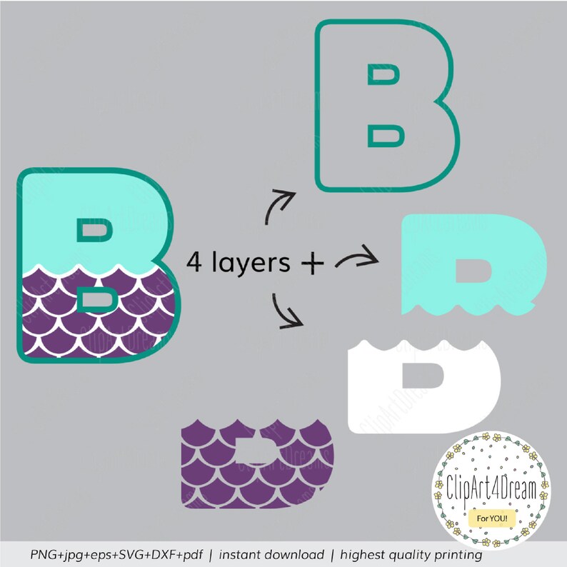 Mermaid Alphabet SVG Outline Letters Mermaid PNG Font Digital Clipart