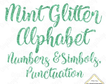 Mint Glitter Alphabet, Mint Glitter letters sparkle Christmas Alphabet Clipart Numbers Digital Planner stickers clipart PNG