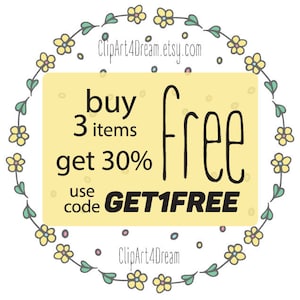 Puede incluir: Un banner amarillo con un borde floral, anunciando una venta. El texto dice "compra 3 artículos, obtén 30% de descuento, usa el código GET1FREE".