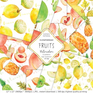Acuarela Fruit Paquete de papel digital patrón sin costuras - limón, melón, manzana, fondo de acuarela de piña de melocotón Diseño de patrones de superficie