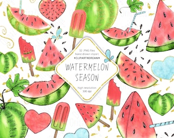 Watermelon Clipart Watercolor, Watermelon Picnic Ice cream Birthday Party Invitation Summer food Clip art Planner Stickers Download PNG