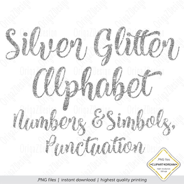 Silver Glitter Alphabet, Silver Glitter letters sparkle Alphabet Clipart Numbers Digital Planner stickers for Wedding clipart PNG