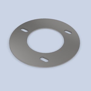 May include: A circular, metallic gray plate with a central hole and four evenly spaced, oblong holes around the perimeter. The plate has a smooth, matte finish and is set against a light blue background.