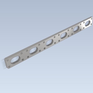 May include: A silver-colored metal exhaust manifold with six oval openings and multiple small circular holes for mounting. The rectangular part is designed for automotive applications.
