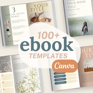Pode incluir: Uma coleção de mais de 100 modelos de ebooks para Canva. A imagem mostra vários livros abertos com diferentes designs e layouts. O texto "100+ modelos de ebooks Canva" é exibido em letras grandes e em negrito.