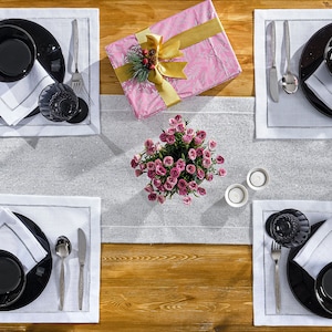 Elegant White Linen Placemats with Silver Accents - Perfect Mother&#39;s Day Gift. Set of 4/6/8/12/16/24.