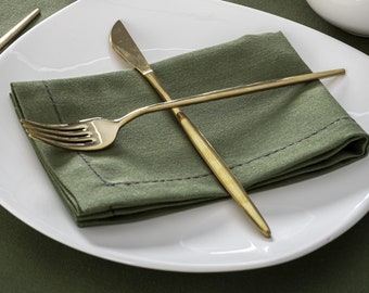 Handmade Green Linen Napkins, Elegant Hemstitch Table Decor
